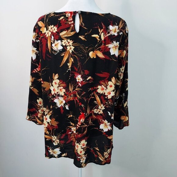 J Jill Black/Red Foliage 3/4 Sleeve Top Size Large - Picture 2 of 9
